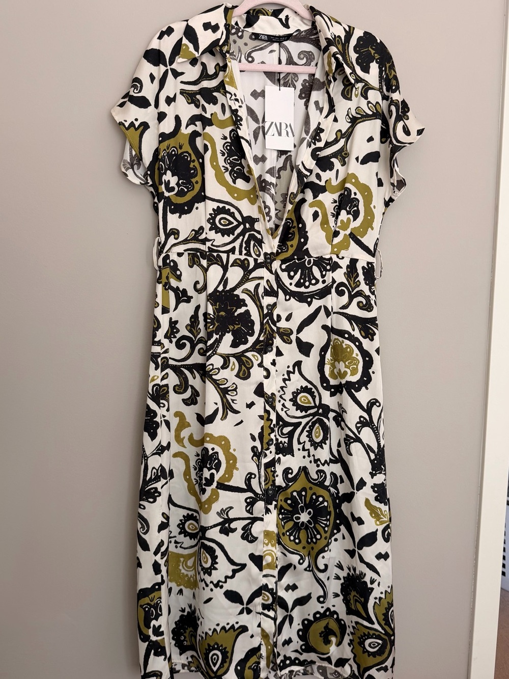 NWT Zara Olive, Black & White Midi Shirt Dress